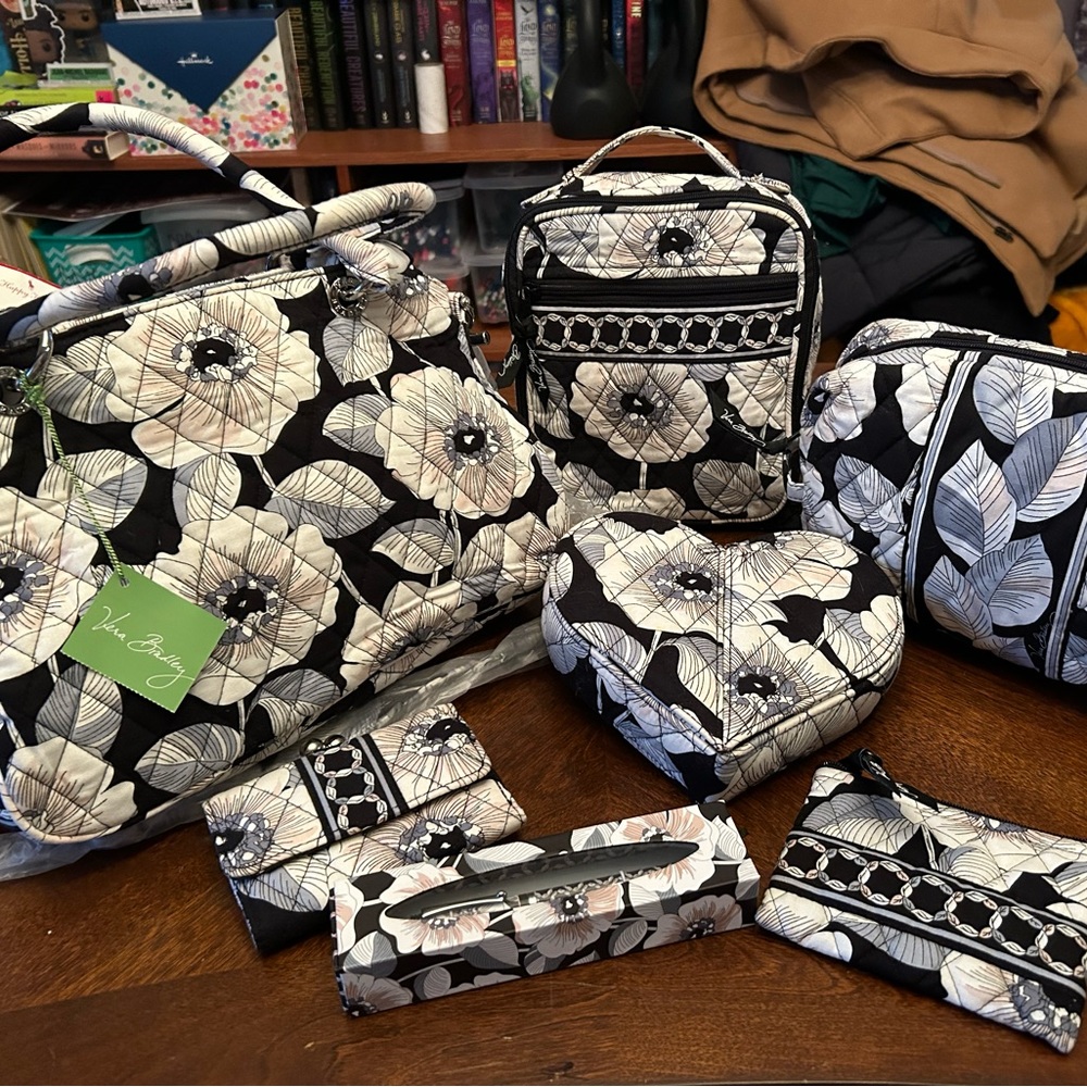 8 item Bradley bundle. Grey and black camellia print.